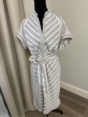 Lauren Ralph Lauren Striped Tie-Waist Button Down Shirt Dress in White and Black